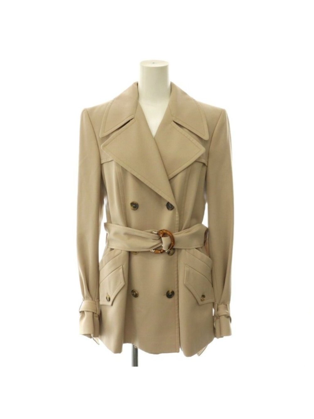 Gucci Bamboo Trench Coat Mid Length Wool Beige 40